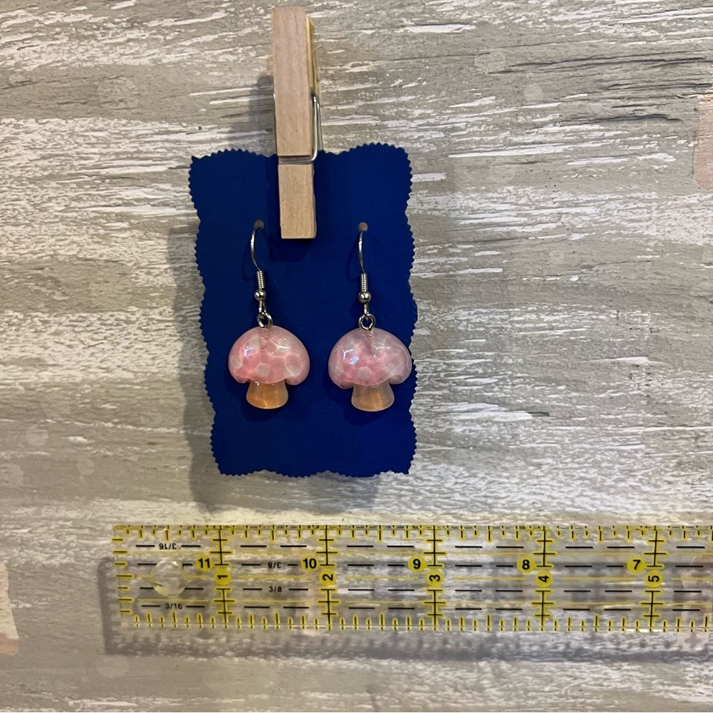 New Pink Resin Mushroom Hanging Earrings - Picture 3 of 5